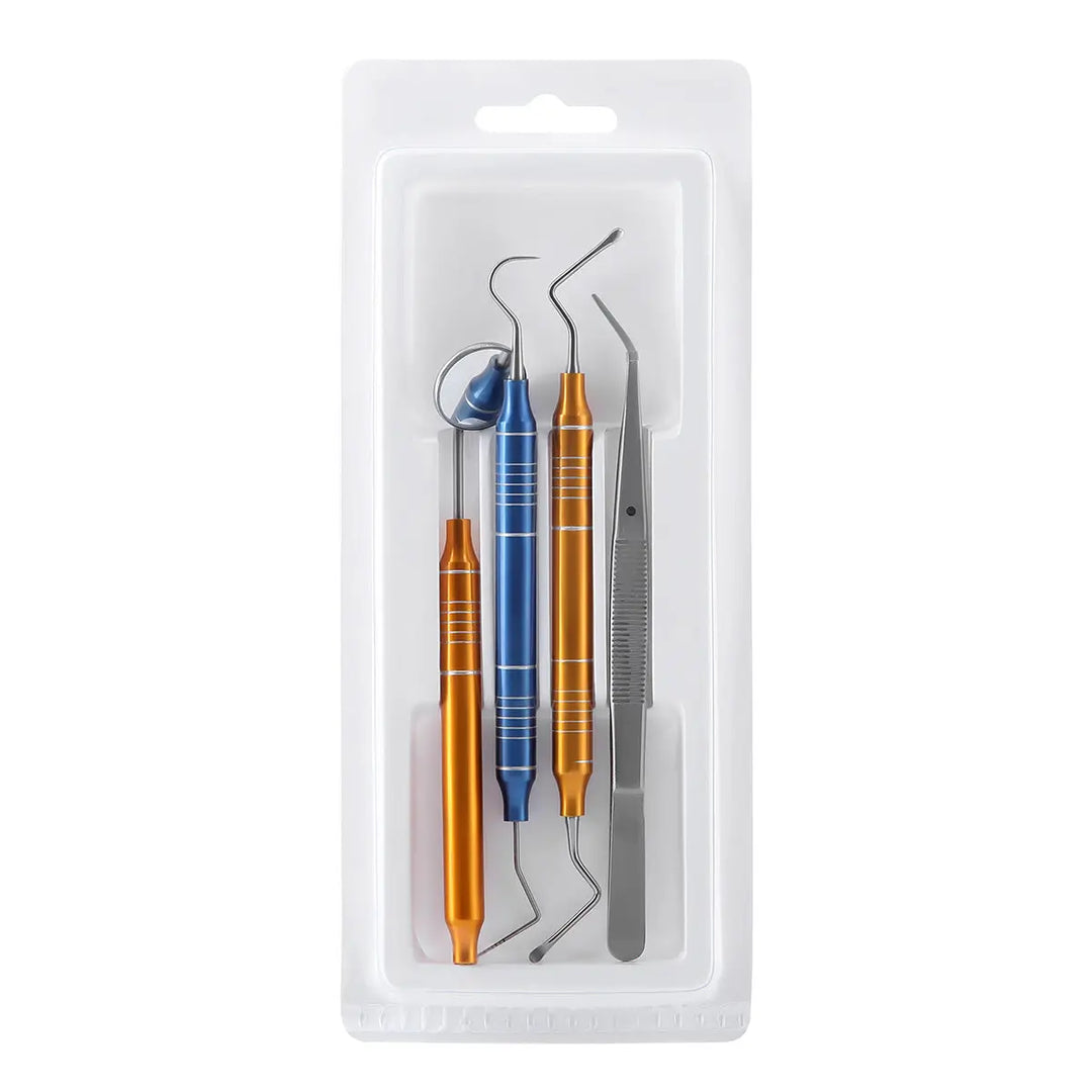 Dental Tools Kit Cleaning Tool Set featuring stainless steel dental instruments including scraper, mirror, tweezer, and probe in blue and gold colors, packaged in a clear plastic case for professional dental procedures and root canal treatments.