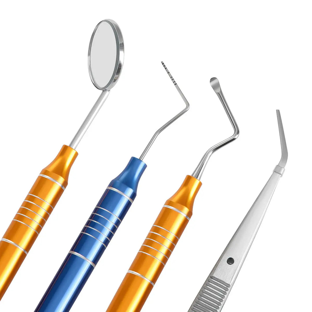 Dental Tools Kit Cleaning Tool Set featuring stainless steel instruments: mirror, scraper, probe, and tweezer. Four professional-grade tools with colorful handles for efficient oral care and dental procedures.