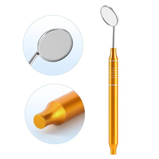 Dental Tools Kit Cleaning Tool Set: closeup of golden dental mirror with stainless steel reflective surface, showcasing precise design and quality materials for professional oral care and examination