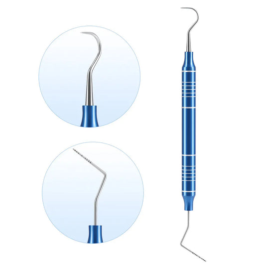 Dental Tools Kit Cleaning Tool Set featuring a blue stainless steel dental probe with curved ends for precise cleaning and examination. Close-up views show the angled tips designed for efficient dental work and root canal procedures.