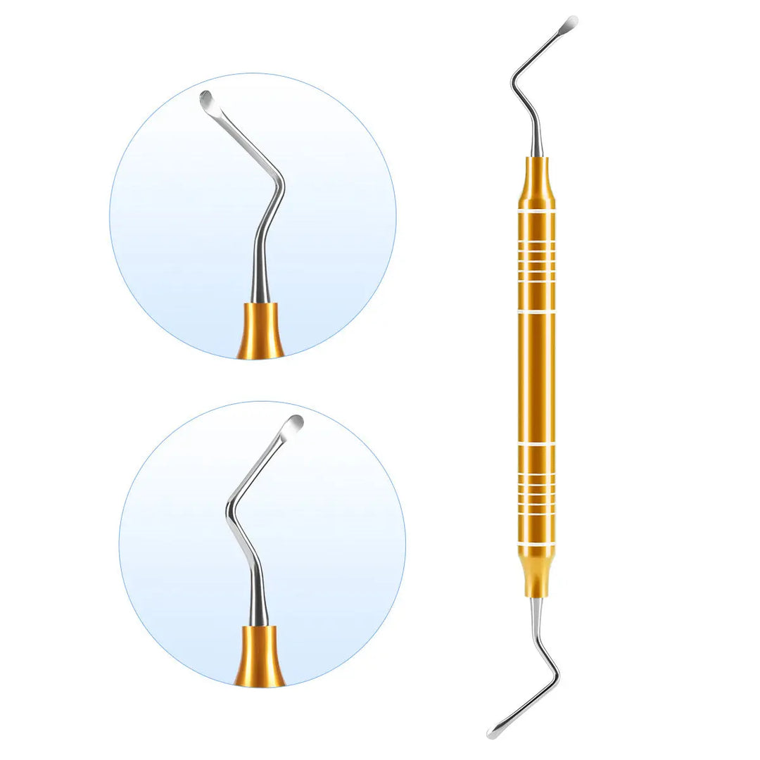 Dental Tools Kit Cleaning Tool Set featuring a gold-handled double-ended dental instrument with curved tips, alongside two circular images showcasing the angled ends for precise dental work and cleaning procedures.