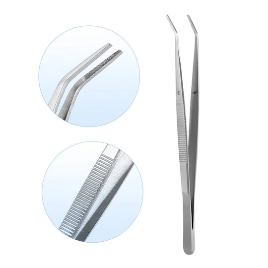 Dental Tools Kit Cleaning Tool Set featuring stainless steel tweezers with curved tips and textured grip. Close-up images show precision ends for dental procedures. Professional-grade instrument for dental cleaning and examination.