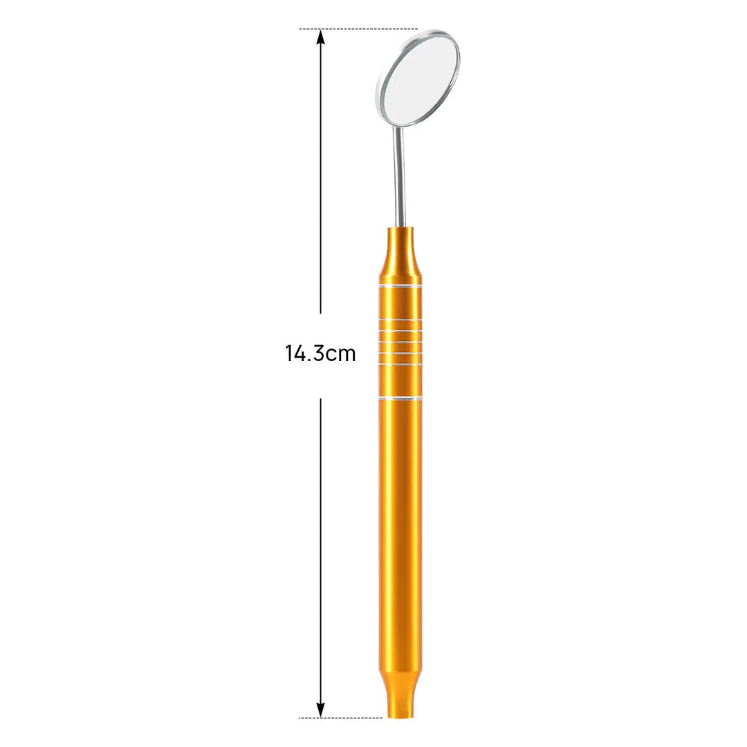 Dental Tools Kit Cleaning Tool Set featuring a yellow-handled dental mirror with a 14.3cm length measurement. Professional-grade stainless steel instrument for oral examinations and procedures, part of a 4-piece set including scraper, tweezer, and probe.