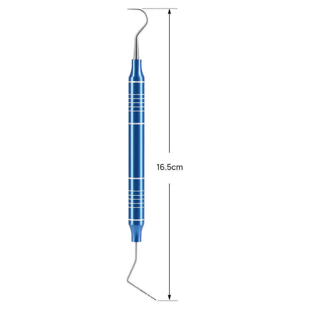 Dental Tools Kit Cleaning Tool Set stainless steel dental instrument with blue handle, 16.5cm long, featuring curved ends for precise dental work and scaling. Part of a 4-piece set for professional oral care and hygiene maintenance.