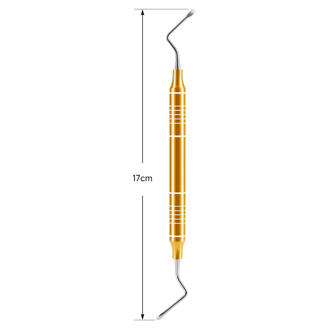 Golden dental root canal file extractor tool, 17cm long, with curved ends for precise extraction. Part of Dental Tools Kit Cleaning Tool Set Stainless Steel Scraper Mouth Mirror Tweezer Probe 4pcs/Set. Professional-grade instrument for dental procedures.