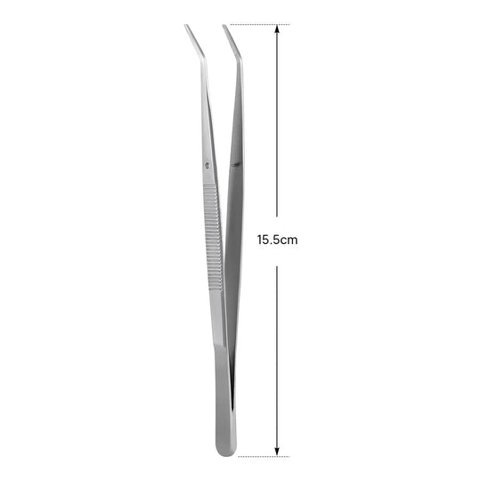 Stainless steel dental tweezers from Dental Tools Kit Cleaning Tool Set, measuring 15.5cm in length. Precision instrument with angled tips for delicate dental procedures and root canal work.