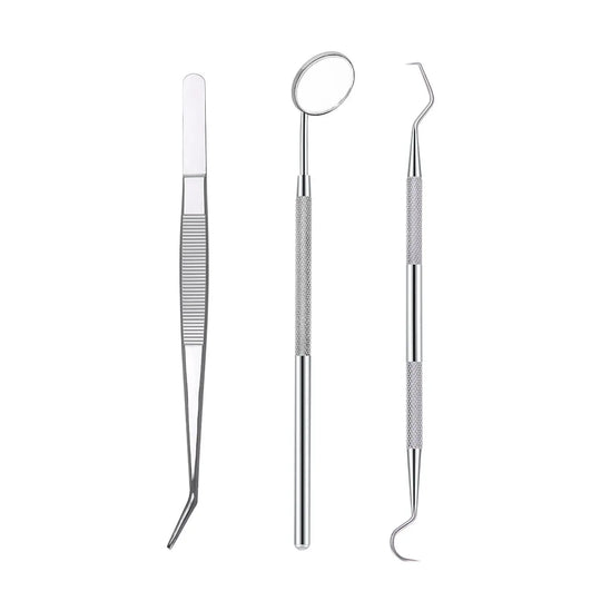 Dental Tools Teeth Cleaning Kit 3pcs/Set featuring stainless steel tweezers, elbow probe, and mouth mirror. Professional-grade instruments for effective teeth cleaning and whitening. Durable, reusable tools suitable for home use or dental clinics.