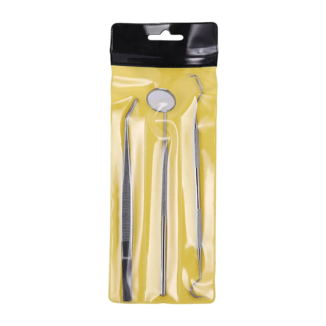 Dental Tools Teeth Cleaning Kit 3pcs/Set: Stainless steel dental instruments in retail packaging, including tweezers, elbow probe, and mouth mirror, displayed on yellow background. Professional-grade tools for home and clinical teeth cleaning and whitening.