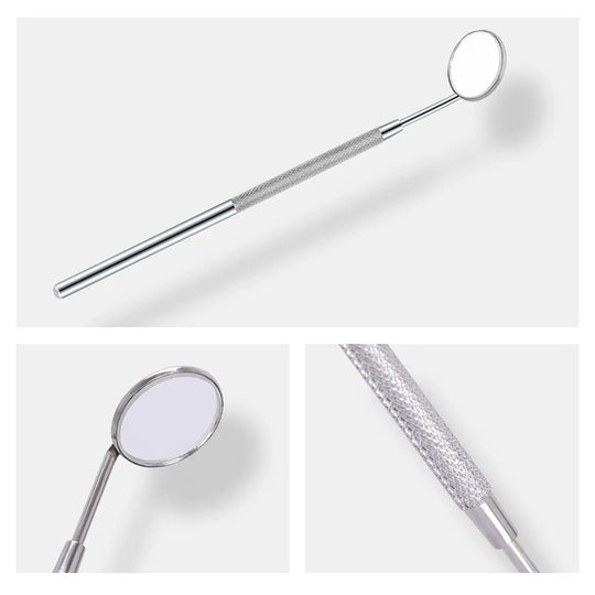 Dental Tools Teeth Cleaning Kit 3pcs/Set featuring a stainless steel mouth mirror with long handle. Close-up images show the circular mirror head and textured grip for precise dental examinations and cleaning procedures.