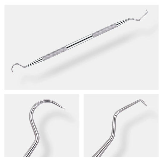 Dental Tools Teeth Cleaning Kit 3pcs/Set: Close-up images of stainless steel dental instruments including a textured-handle double-ended tool with curved tips, and detailed views of hooked and angled probe ends for professional oral care and cleaning.