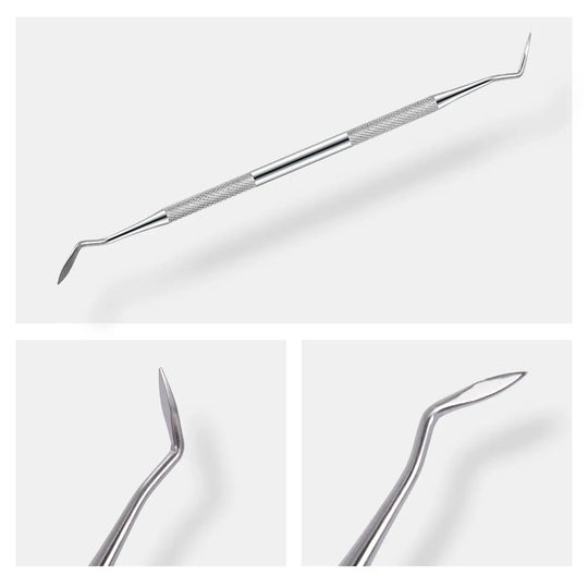 Dental Tools Teeth Cleaning Kit 3pcs/Set: Stainless steel dental instruments displayed on white background. Top image shows full elbow probe, bottom left shows close-up of probe tip, bottom right shows curved end of another tool.