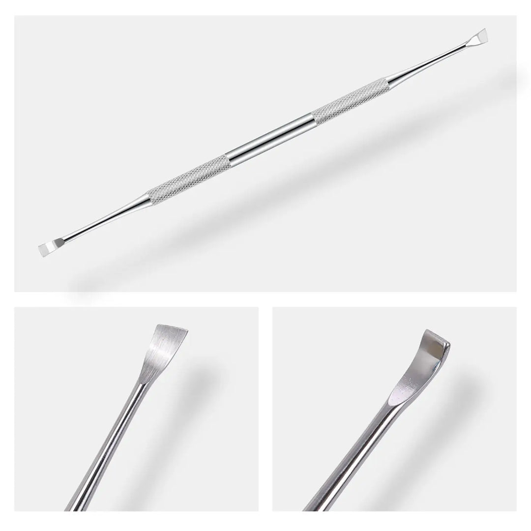 Dental Tools Teeth Cleaning Kit 3pcs/Set: Close-up of stainless steel dental tool with textured grip and dual-ended tips for cleaning and scraping teeth. Two additional images show close-ups of different tool ends for various dental procedures.