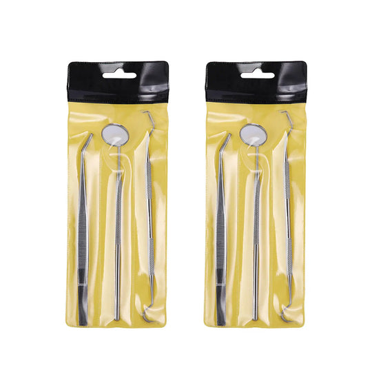 Dental Tools Teeth Cleaning Kit 3pcs/Set displayed in two yellow packaging pouches, showcasing stainless steel instruments including tweezers, elbow probe, and mouth mirror for professional and home dental care and teeth cleaning.