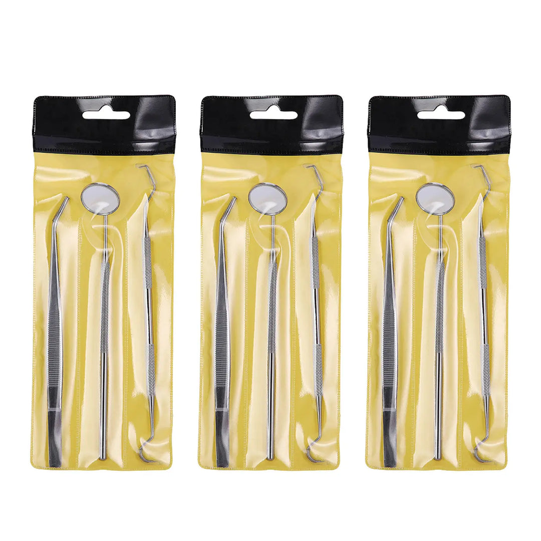 Dental Tools Teeth Cleaning Kit 3pcs/Set: Three packaged sets of stainless steel dental instruments, including tweezers, elbow probe, and mouth mirror, displayed on yellow backgrounds. Professional-grade tools for home and clinical teeth cleaning and oral care.