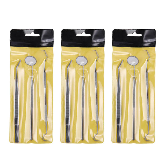 Dental Tools Teeth Cleaning Kit 3pcs/Set: Three packaged sets of stainless steel dental instruments, including tweezers, elbow probe, and mouth mirror, displayed on yellow backgrounds. Professional-grade tools for home and clinical teeth cleaning and oral care.