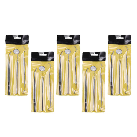 Dental Tools Teeth Cleaning Kit 3pcs/Set: Five packages of stainless steel dental instruments on yellow backing cards, each containing tweezers, elbow probe, and mouth mirror for professional and home teeth cleaning and whitening care