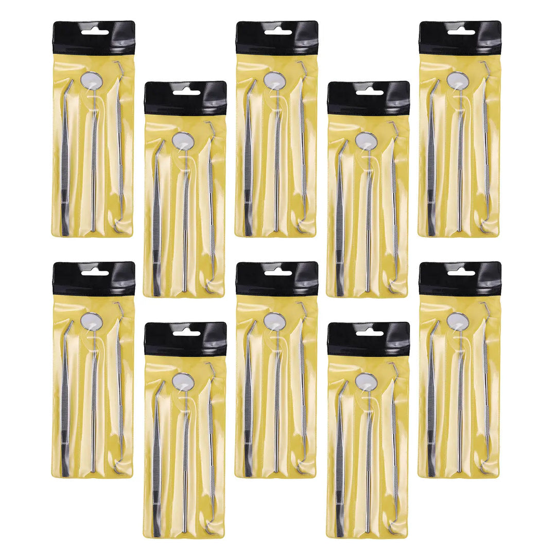 Dental Tools Teeth Cleaning Kit 3pcs/Set displayed in multiple yellow packaging. Each set contains stainless steel tweezers, elbow probe, and mouth mirror. Professional-grade dental instruments for home and clinical use, ideal for teeth cleaning and whitening care.