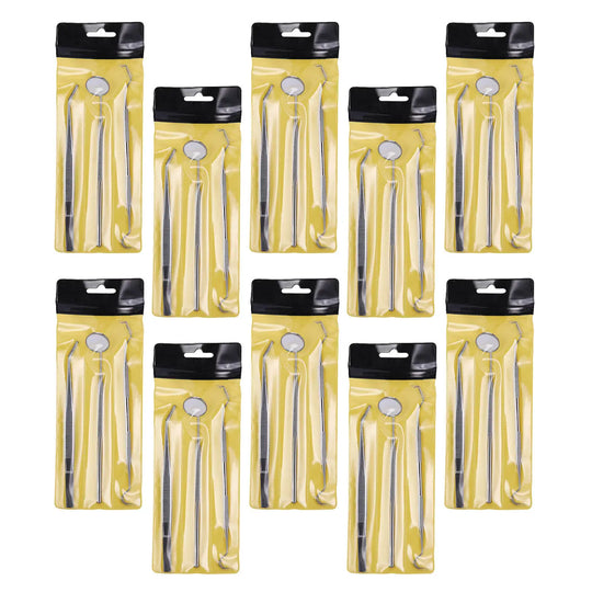 Dental Tools Teeth Cleaning Kit 3pcs/Set displayed in multiple yellow packaging. Each set contains stainless steel tweezers, elbow probe, and mouth mirror. Professional-grade dental instruments for home and clinical use, ideal for teeth cleaning and whitening care.