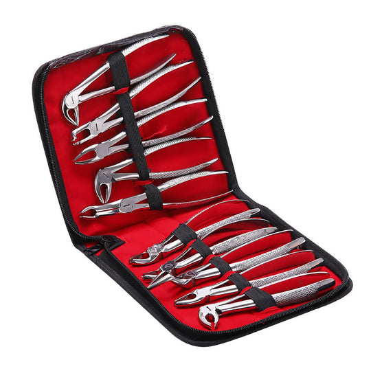 Dental Surgical Tooth Extraction Forceps Pliers for Adults 10pcs/Set displayed in an open black case with red interior, showcasing various stainless steel dental tools neatly arranged and secured with straps, highlighting the professional-grade quality and organization of the set.