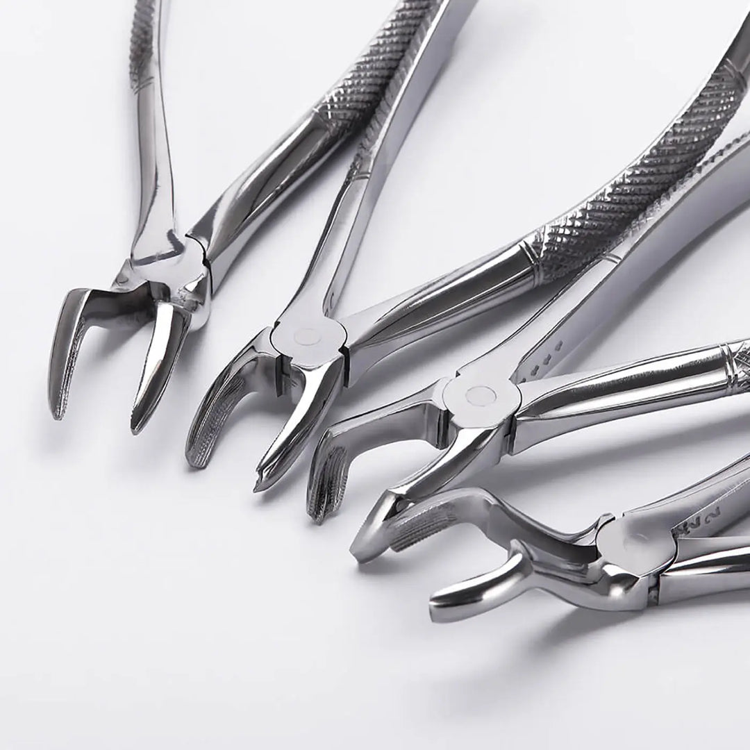 Dental Surgical Tooth Extraction Forceps Pliers for Adults 10pcs/Set: Close-up of stainless steel dental forceps with non-slip handles, showcasing various sizes and shapes for different tooth extraction needs, arranged on a white background