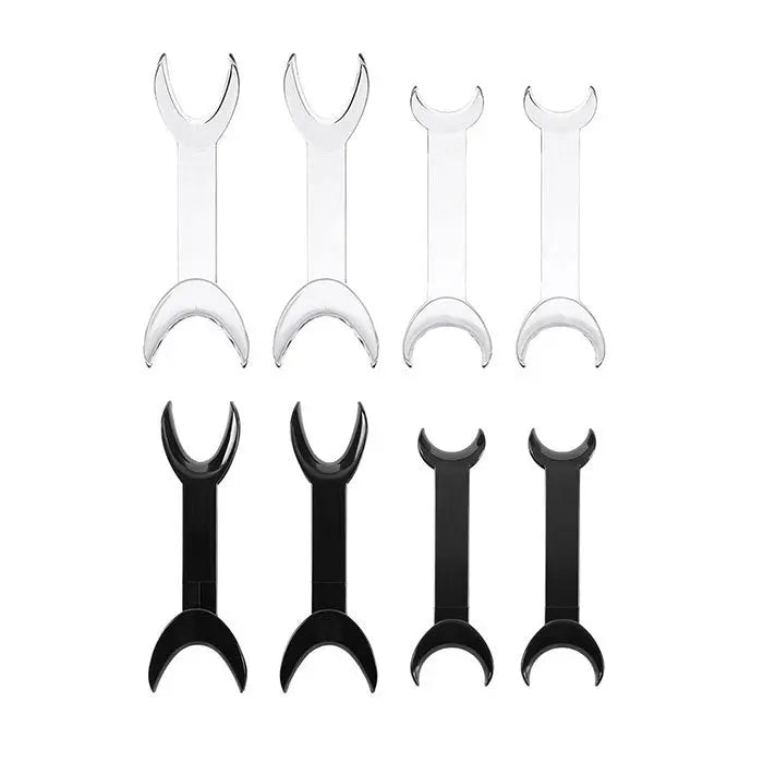 Dental T-Shape Double Head Cheek Retractors Mouth Opener set, featuring 4 transparent and 4 black retractors in large and small sizes, arranged in two rows on white background. Essential dental tools for various treatments.