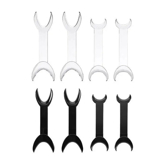 Dental T-Shape Double Head Cheek Retractors Mouth Opener set, featuring 4 transparent and 4 black retractors in large and small sizes, arranged in two rows on white background. Essential dental tools for various treatments.