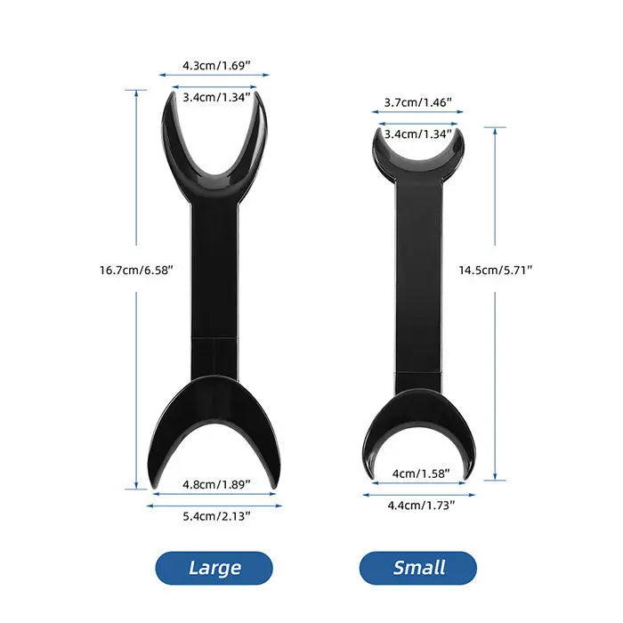 Dental T-Shape Double Head Cheek Retractors Mouth Opener set showing large and small sizes with measurements. Black T-shaped tools for dental procedures, displaying dimensions for width, length, and opening sizes for both variants.