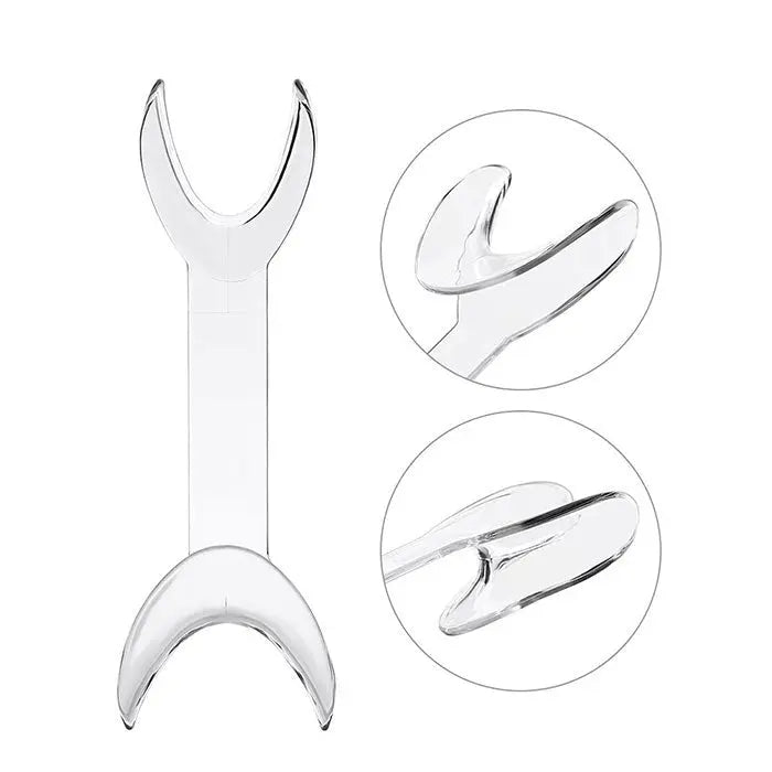 Dental T-Shape Double Head Cheek Retractors Mouth Opener shown in transparent material, featuring a T-shaped design with two curved ends. Close-up views highlight the unique shape and functionality of the dental tool, demonstrating its use for keeping the mouth open during procedures.