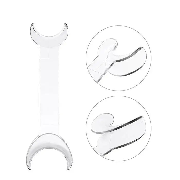 Dental T-Shape Double Head Cheek Retractors Mouth Opener with transparent design, featuring a full-length view and close-up images of both ends. The retractor has a unique T-shape with curved ends for comfortable mouth opening during dental procedures.