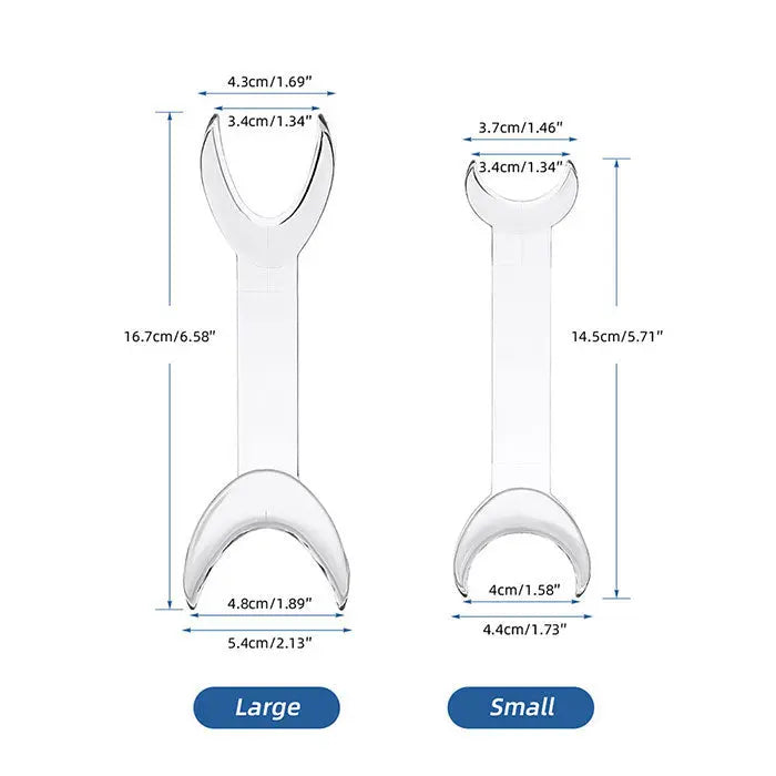 Dental T-Shape Double Head Cheek Retractors Mouth Opener Large & Small Black/Transparent 4Pcs/Set: Diagram showing dimensions of large and small retractors. Large retractor measures 16.7cm in length, small retractor 14.5cm. Both feature T-shaped design with curved ends for comfortable mouth opening during dental procedures.