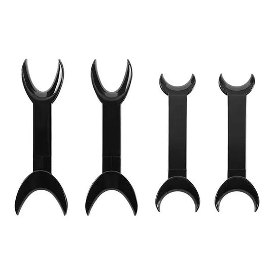 Dental T-Shape Double Head Cheek Retractors Mouth Opener set featuring four black plastic retractors of varying sizes. Two larger retractors with wider openings and two smaller ones with narrower openings, all with T-shaped handles for easy grip and use in dental procedures.