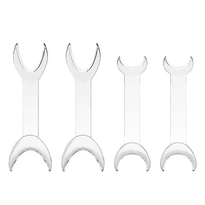 Dental T-Shape Double Head Cheek Retractors Mouth Opener set featuring four transparent plastic devices, two large and two small, with unique T-shaped design for effective dental procedures and clear view of teeth.