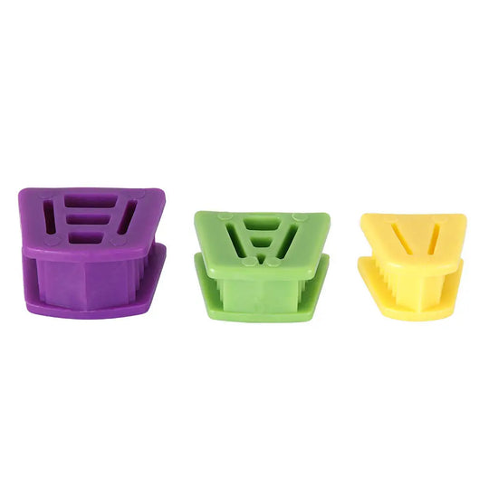 Dental Mouth Opener Occlusal Pad set featuring three colorful silicone props in purple, green, and yellow. Large, medium, and small sizes for teeth retraction during dental procedures. Latex-free, autoclavable dental tools for patient comfort and safety.