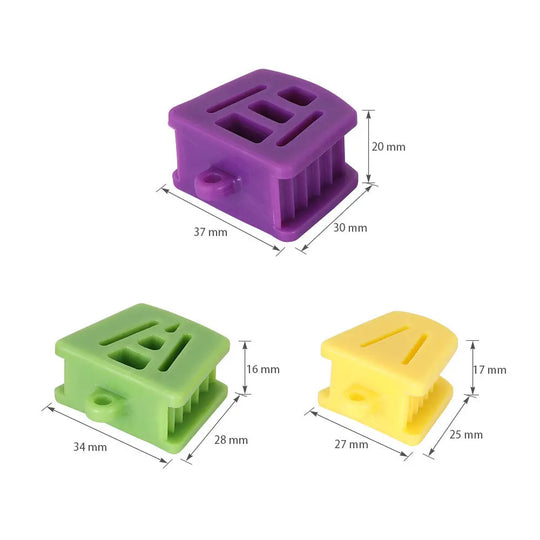 Dental Mouth Opener Occlusal Pad set in three sizes: purple (large), green (medium), and yellow (small). Silicone teeth props with dimensions labeled, showcasing different sizes for various dental applications. Durable and autoclavable dental bite blocks for patient comfort.