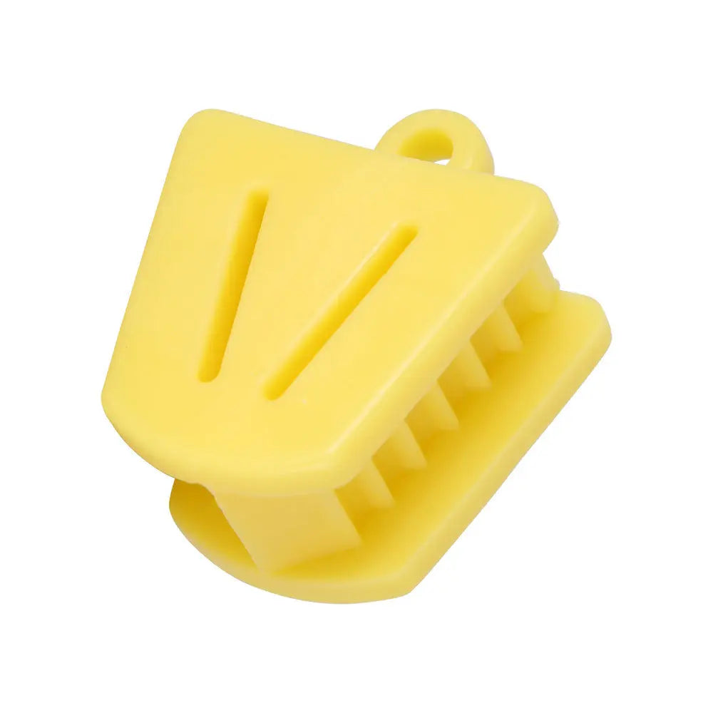 Yellow silicone dental mouth opener, part of Dental Mouth Opener Occlusal Pad Teeth Prop Bite Rubber Retractor Latex set. Small size with textured biting surface and loop for easy handling. Essential dental tool for keeping patient's mouth open during procedures.