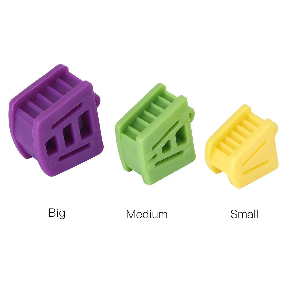 Dental Mouth Opener Occlusal Pad set in three sizes - large purple, medium green, and small yellow silicone teeth props for dental procedures, showing bite retractors with ridged surfaces and labeled size comparison