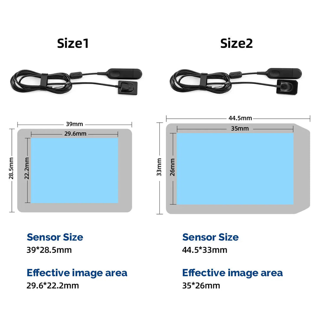 Dental Sensor X-Ray Digital Sensor Intraoral Digital System HD Image Size1/Size2 comparison, showing two sensor sizes with dimensions and effective image areas. Includes USB cables and sensor dimensions for both sizes.