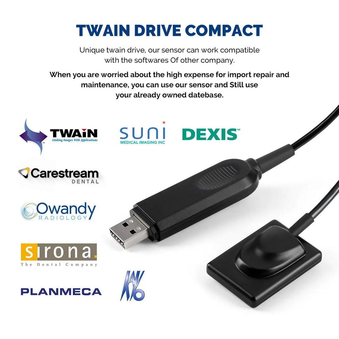 Dental Sensor X-Ray Digital System with USB drive and compact sensor, compatible with multiple software brands for intraoral imaging. Showcases product versatility and cost-effectiveness for dental practices.