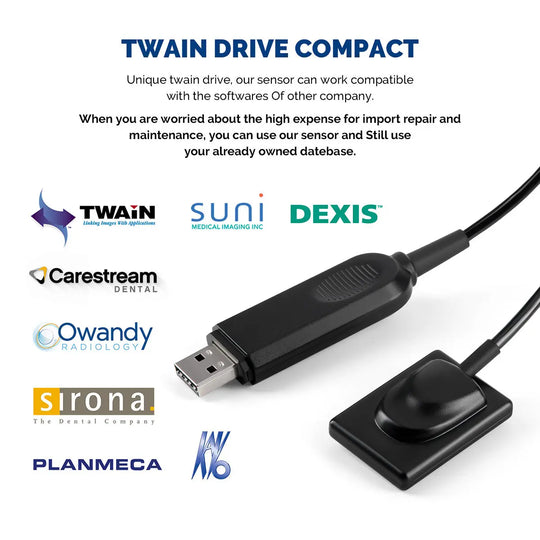 Dental Sensor X-Ray Digital System with USB drive and compact sensor, compatible with multiple software brands for intraoral imaging. Showcases product versatility and cost-effectiveness for dental practices.