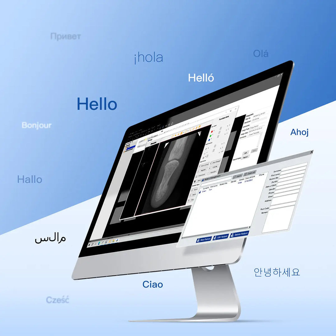 Dental Sensor X-Ray Digital System displaying multilingual interface and high-resolution dental x-ray images on computer screen, surrounded by 'Hello' in various languages, showcasing international compatibility and advanced imaging capabilities.