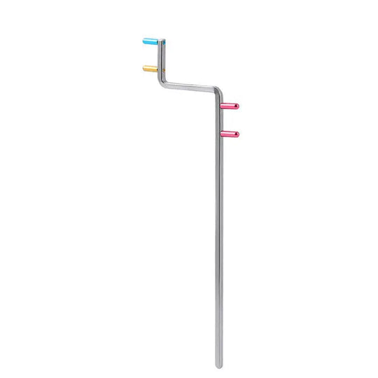 Dental X-ray Positioning Arm with multi-colored attachments for various dental imaging procedures. Stainless steel construction with adjustable angles for bite wing, anterior, posterior, endodontic, and universal applications. Compatible with film, digital sensors, and phosphor plate biteblocks.