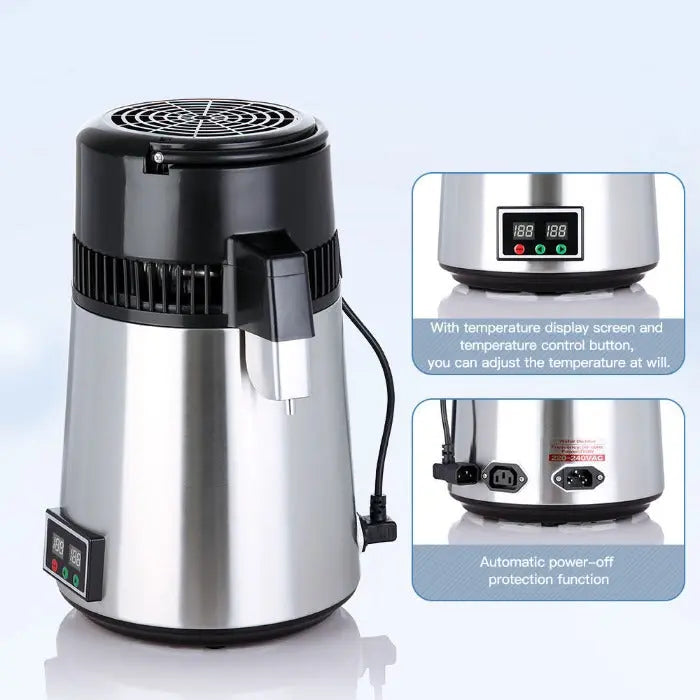 Water Distiller Stainless Steel Glass Bucket Double Screen Button with Adjustable Temperature 4L MediFocal