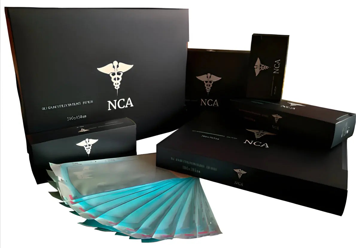 135x280mm Pouches | 200Pk: NCA medical autoclave pouches with built-in Class 6 indicator, displayed alongside black packaging boxes featuring medical caduceus symbol. Pouches shown in blue-green color, indicating sterilization readiness.