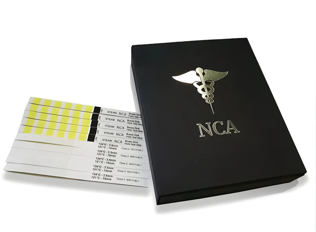 Class 2 200 pk Indicators for dental sterilization validation. Black box with NCA logo and medical symbol, alongside yellow-striped indicator strips for monitoring B-class sterilizer performance in dental practices.