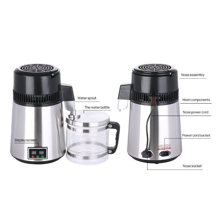 Water Distiller Stainless Steel Glass Bucket Double Screen Button with Adjustable Temperature 4L