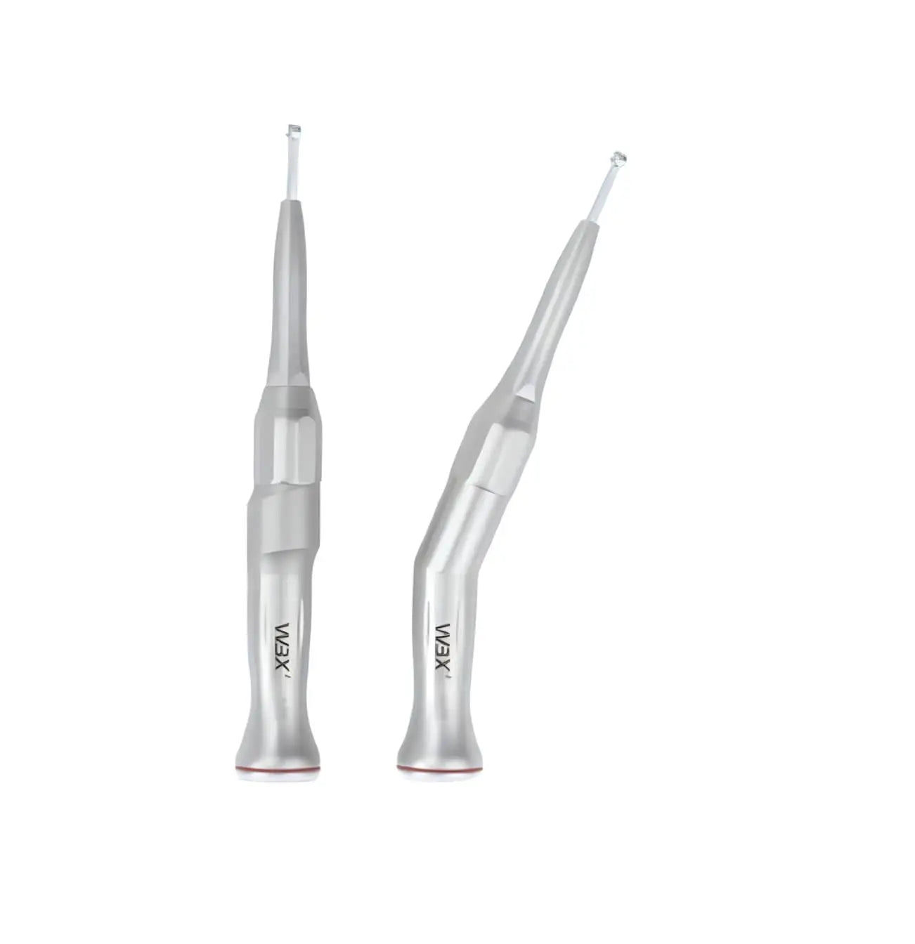 Two stainless steel dental handpieces, one straight and one angled, for 1:2 Stainless steel dental surgical straight / angle handpiece for 70mm Burs. Silver-colored with sleek design, suitable for precise dental procedures.