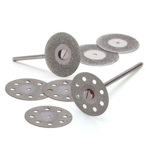 Dental Lab Diamond Disc Cutting Double Side Disk Tool For Polisher 22mm 15pcs/box: Set of diamond-coated circular cutting discs with metal shanks for dental lab use, including solid and perforated disc designs for various dental material applications