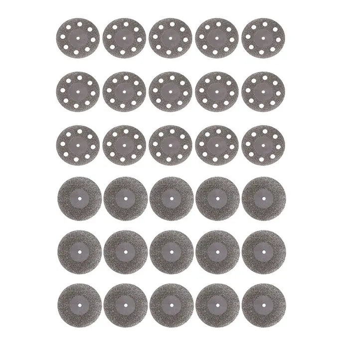 Dental Lab Diamond Disc Cutting Double Side Disk Tool For Polisher 22mm 15pcs/box displayed in rows. Top three rows show perforated discs with multiple holes. Bottom three rows show solid discs with a central hole. All discs are gray in color and appear to be made of abrasive material for dental polishing and cutting.