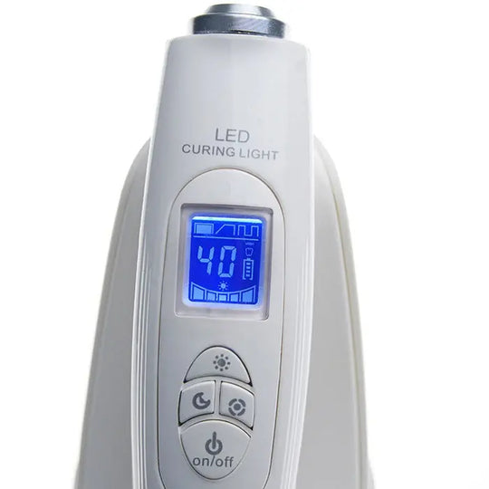 Dental LED Curing Light with built-in light meter, displaying 40 on blue LCD screen. Features on/off and mode buttons. High-power 380-515nm wavelength, 2000mW/cm² output, 5W power for efficient dental procedures.