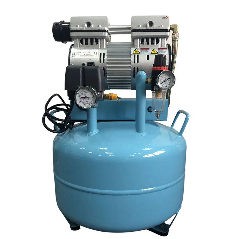 Dental Noiseless Oil Free Oilless Air Compressor 40L 780W 150L/min for 1PC Dental Chair: Blue cylindrical tank with motor unit on top, featuring pressure gauges and controls, designed for quiet, oil-free operation in dental settings.